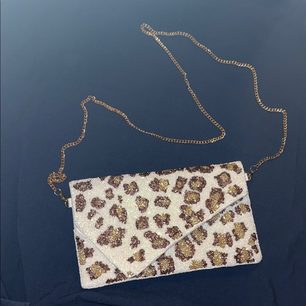 Beaded Leopard Print Envelope Clutch - White & Brown